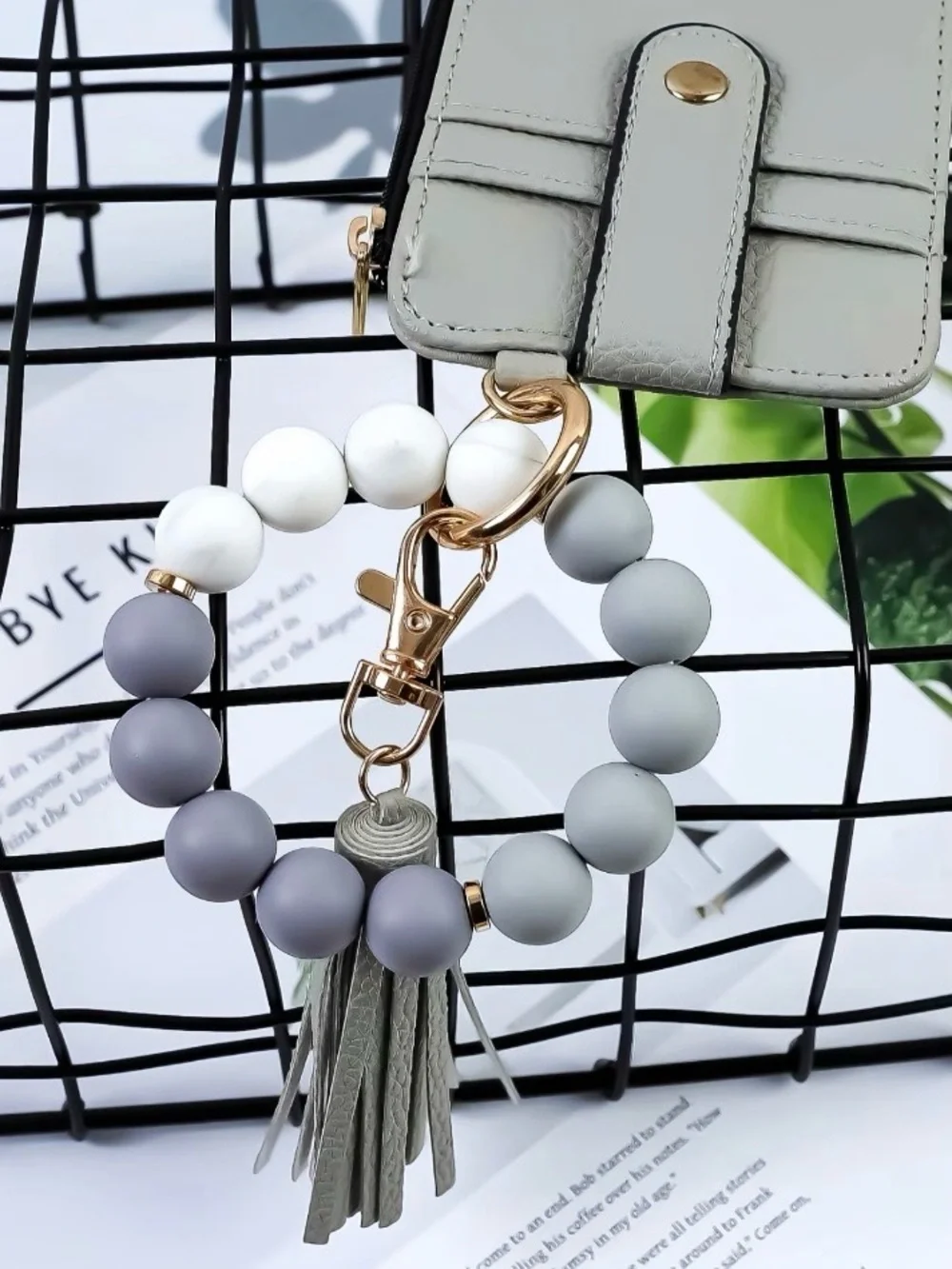 Grey Beaded Wristlet Keychain with Tassel